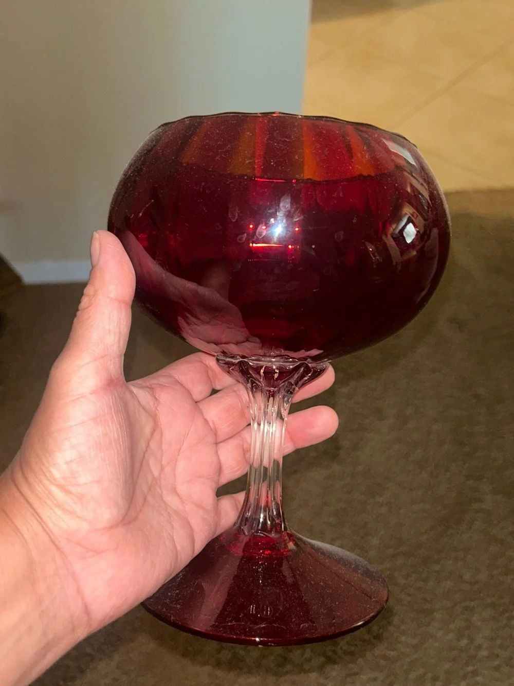 Vintage Italian Empoli Optic Ruby Red Glass Pedestal Compote Or Balloon Vase MCM